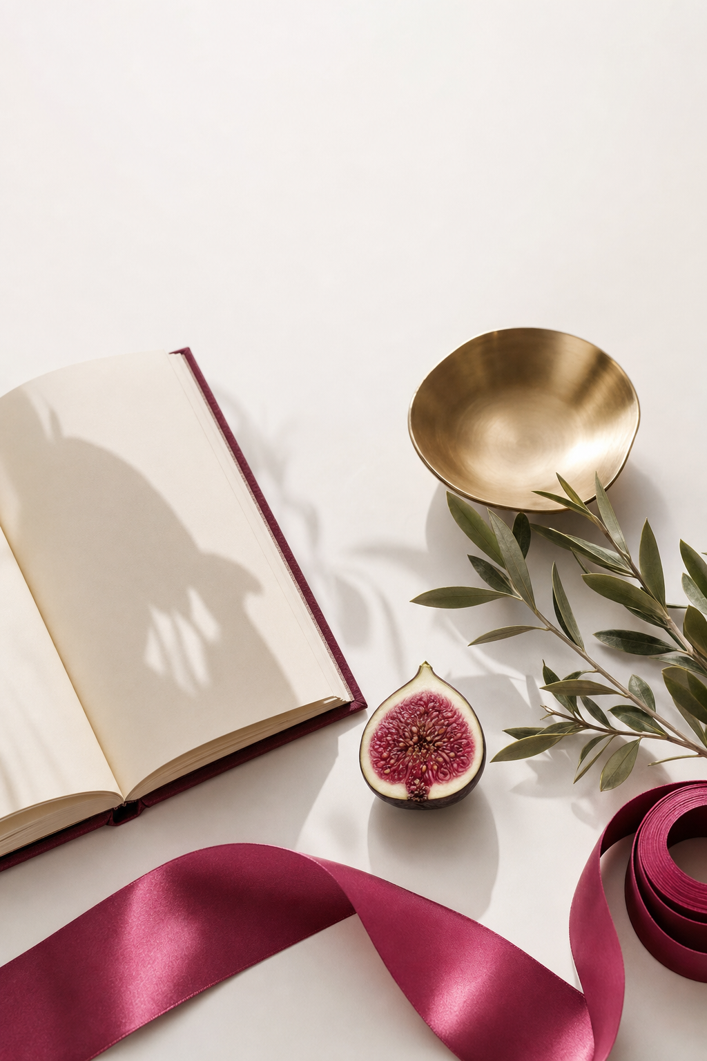 Editorial still life: a book, fig, brass vessel, olive branch, and wine ribbon arranged on a bone surface.