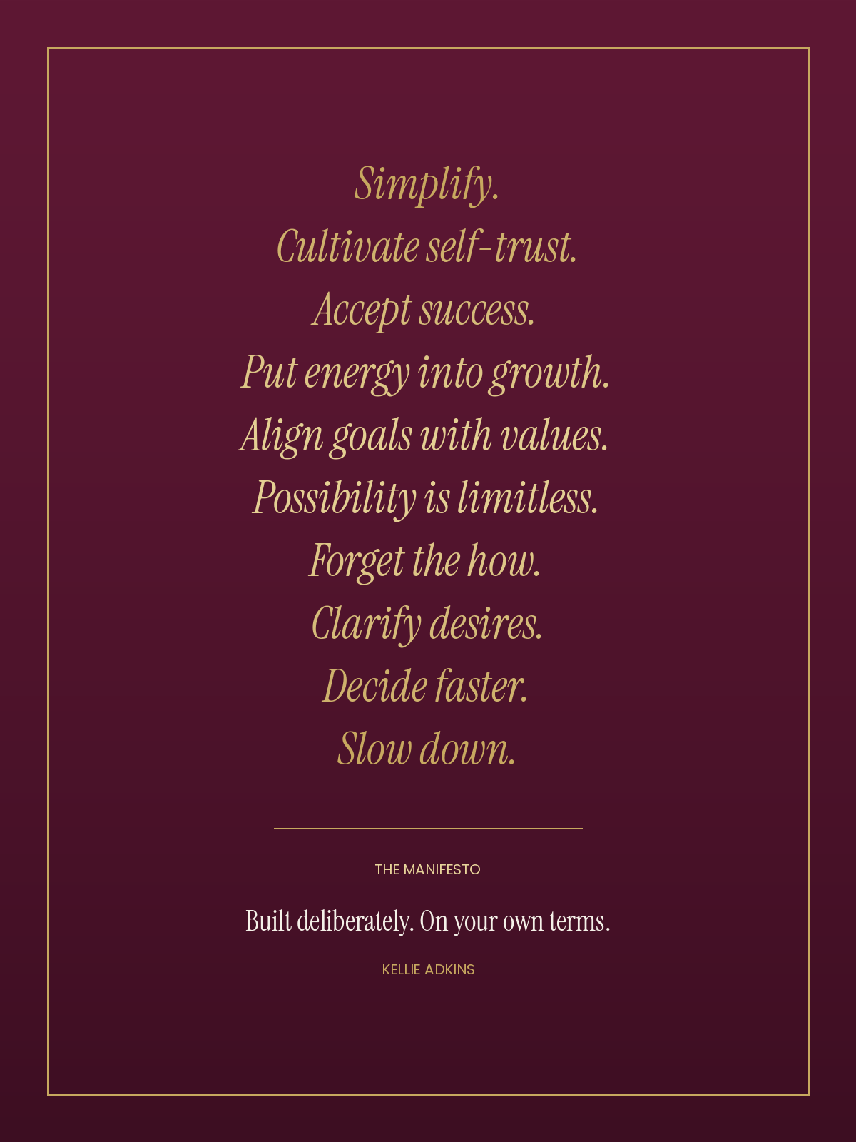 The Manifesto poster: ten gilded lines on a wine background.