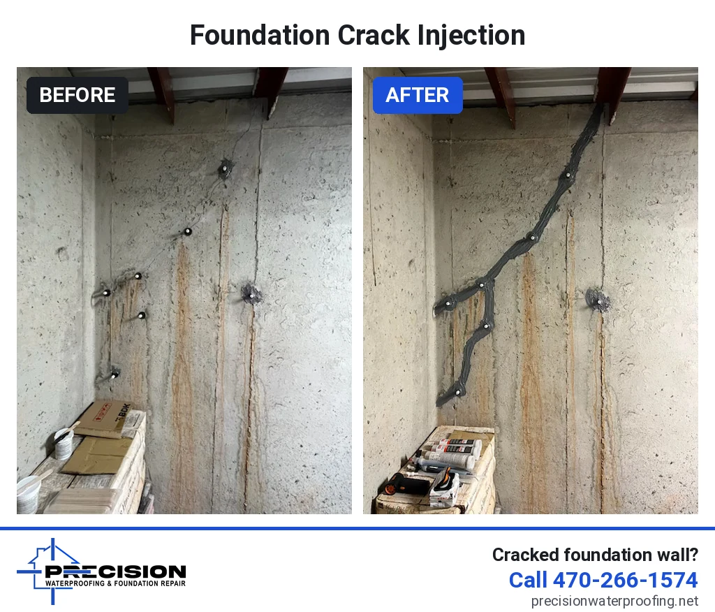 Before and after photos of a North Georgia foundation crack injection by Precision Waterproofing and Foundation Repair: injection ports installed along a cracked concrete basement wall, then the crack sealed along its full length